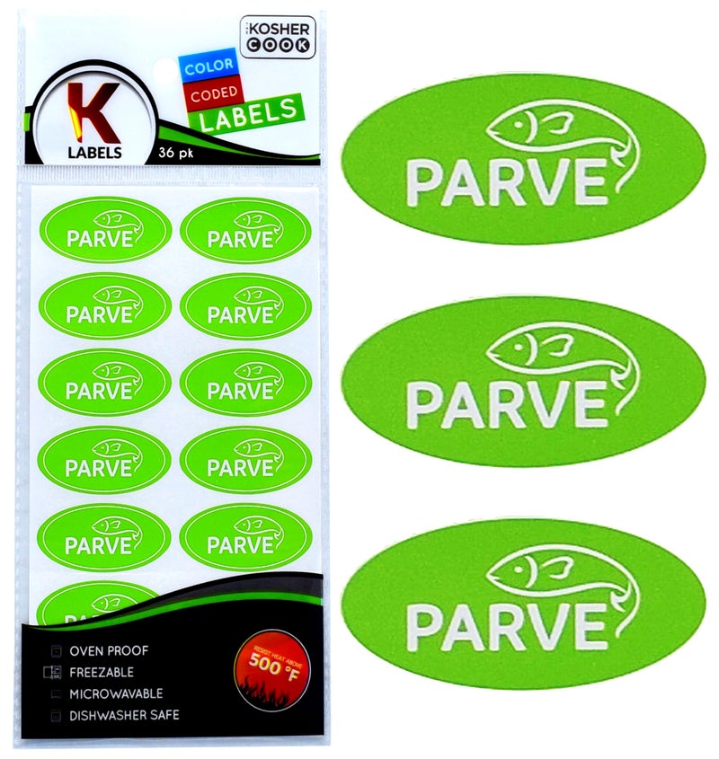 The Kosher Cook Parve Green Labels Oven Proof up to 500Â°, Freezable, Microwavable, Dishwasher Safe, English and Color Coded Kitchen Stickers (Pack of 36) - Image 1